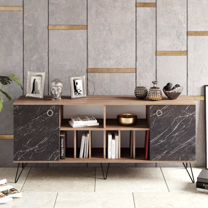 Hanah Home Consola de Mármol Nogal y Negro 180 cm Elegante y Lujosa con Múltiples Estantes para Salón y Pasillo